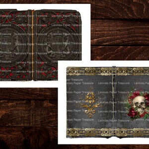 Puede incluir: Dos portadas de libro abiertas mostradas lado a lado. La portada izquierda es marr&oacute;n oscuro con un escudo en relieve y detalles rojos. La derecha es gris oscuro con un dise&ntilde;o de filigrana dorada y una ilustraci&oacute;n de un cr&aacute;neo humano.