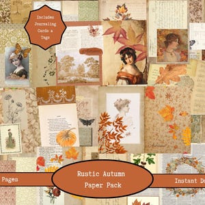 May include: A collage of vintage-style paper sheets with autumn themes. The pack includes images of women, butterflies, leaves, and floral patterns. Text includes "Rustic Autumn Paper Pack", "30 Pages", and "Instant Download".