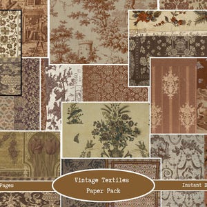 Könnte beinhalten: Eine Collage aus Vintage-Textilmuster in Braun-, Beige- und Rosttönen. Die Designs umfassen florale, Damast- und Toile-Motive. Der Text "Vintage Textiles Paper Pack" wird auf einem ovalen Banner angezeigt. Der Text "24 Pages" und "Instant Download" ist ebenfalls vorhanden.