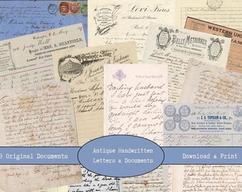 May include: A collection of antique handwritten letters and documents, featuring various paper types, stamps, and script. The image includes text that reads "Antique Handwritten Letters & Documents" and "Download & Print".