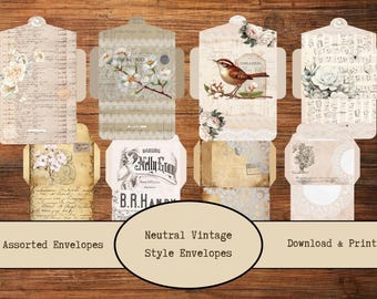 Neutral Printable Junk Journal Envelopes Ephemera, Vintage Envelope, Mail & Letters Embellishments, Shabby Chic Envelopes, Stationery Kit