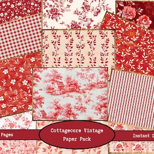 May include: A collage of red and white patterned papers, including floral, gingham, and striped designs. The text "Cottagecore Vintage Paper Pack" is displayed on a red oval. "16 Pages" and "Instant Download" are also visible.