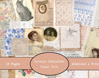 Grannys Keepsakes Printable Paper Pack | Digital Junk Journal Pages | Antique Collage Sheets | Scrapbook, Journaling, Craft Papers | A4 PDF