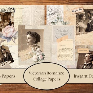 Victorian Romance Neutral Collages - Junk Journal Paper Pack - Antique Junk Journal Kit Digital Printable PDF Download Scrapbook Backgrounds