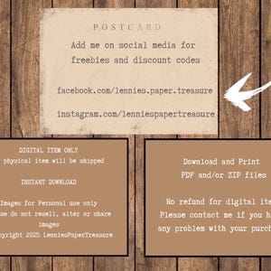 May include: A digital postcard design with text on a wooden background. The postcard includes social media handles and information about digital downloads. The text includes copyright information for 2025.