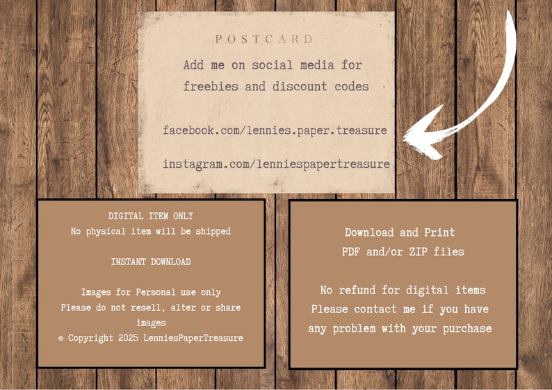 May include: A digital postcard design with text on a wooden background. The postcard includes social media handles and information about digital downloads. The text includes copyright information for 2025.