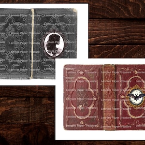 Puede incluir: Dos libros de estilo antiguo con cubiertas ornamentadas. El libro negro presenta un retrato ovalado en camafeo de una persona de perfil. El libro rojo muestra un emblema ovalado con marco dorado de un murci&eacute;lago y un cierre de metal decorativo.