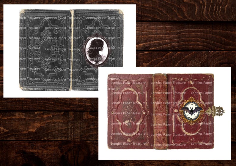 Puede incluir: Dos libros de estilo antiguo con cubiertas ornamentadas. El libro negro presenta un retrato ovalado en camafeo de una persona de perfil. El libro rojo muestra un emblema ovalado con marco dorado de un murci&eacute;lago y un cierre de metal decorativo.
