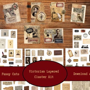 May include: A collection of vintage ephemera, including portraits, labels, and illustrations, arranged on a wooden surface. The image features the text "Victorian Layered Cluster Kit" and "Over 120 Fussy Cuts".