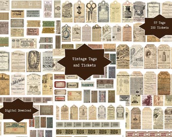 Vintage Tags & Tickets | Junk Journal, Scrapbook Digital Ephemera Kit | Printable Embellishments, Fussy Cuts, Collage Pack | Craft Supplies