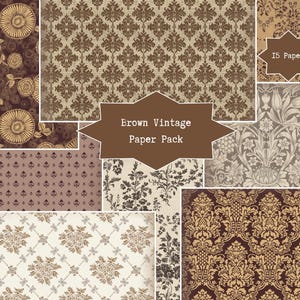 Może przedstawiać: Kolekcja 15 papierów w stylu vintage w różnych odcieniach brązu. Wzory obejmują wzory kwiatowe, damasceńskie i geometryczne. Tekst "Brown Vintage Paper Pack" jest wyświetlany na brązowym banerze.
