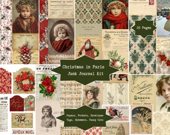 Christmas in Paris, Vintage French Junk Journal Kit | Digital Collage Papers, Ephemera, Fussy Cuts | Tall Skinny Slim Pages, Scrapbook Pack