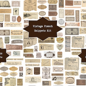 Könnte beinhalten: Eine Sammlung vintage französischer Papier-Schnipsel mit verschiedenen Etiketten, Werbeanzeigen und Textfragmenten in Sepia- und Cremetönen. Das Set enthält über 130 Elemente mit historischer Typografie, Illustrationen und Rändern.
