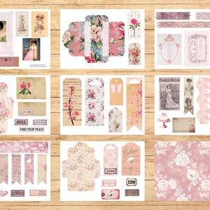 May include: A collection of vintage-style ephemera, including tags, labels, and patterned papers. The items feature floral designs, antique illustrations, and text elements in shades of pink, cream, and brown. Ideal for scrapbooking and crafting projects.