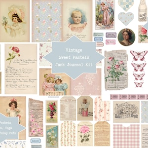 May include: A collage of vintage ephemera for junk journaling, featuring illustrations of children, flowers, butterflies, and patterned papers in soft pastel colors. Includes tags, envelopes, and pages. The text reads "Vintage Sweet Pastels Junk Journal Kit."