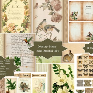 May include: A collage of vintage-style paper ephemera for junk journaling. Includes double pages, pockets, tags, photos, journaling cards, and mini notebooks. The kit features floral, butterfly, and bird illustrations, with the text "Country Diary Junk Journal Kit" and "34 Pages".