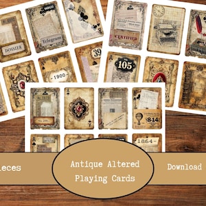 May include: A collection of 24 antique altered playing cards with vintage designs. The cards feature aged paper textures, various numbers, and decorative elements. The cards are arranged on a white surface with a wooden background.