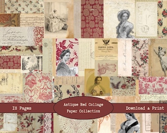 Antique Red Collage Digital Paper Collection | Vintage Printable Papers | Scrapbook Background Digitals | Collage Sheets Journaling & Art