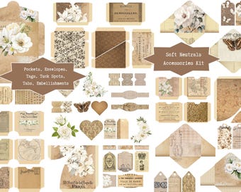 Soft Neutrals Accessories Pack, Vintage Junk Journal, Scrapbook Embellishments, Pockets, Envelopes, Tags, Tabs, Fussy Cuts, Digital Download