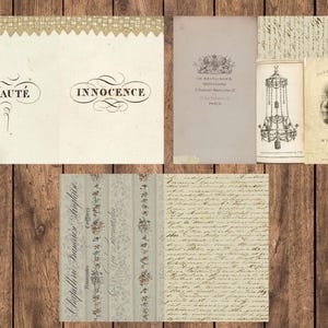 May include: A collage of vintage ephemera on a wooden surface. Includes a card with the word "BEAUT&Eacute;" and "INNOCENCE", a book cover, a chandelier illustration, and handwritten letters. The color palette is cream, beige, and brown.