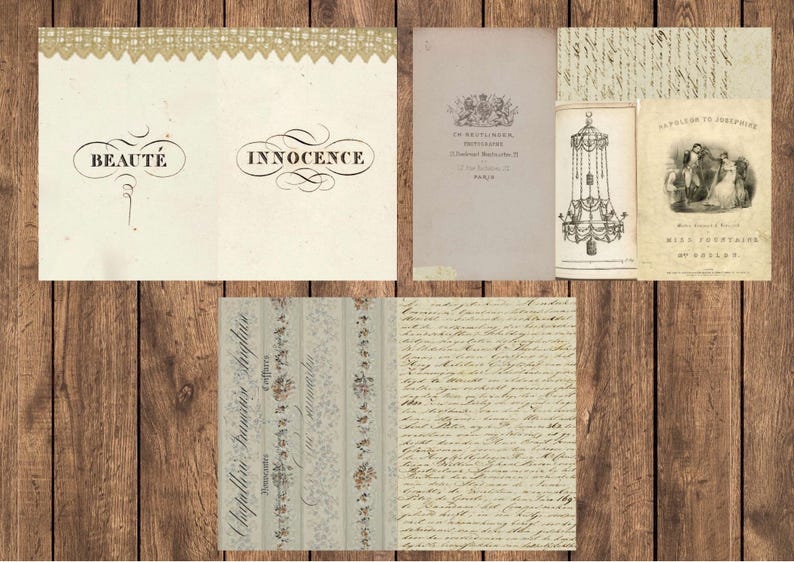 May include: A collage of vintage ephemera on a wooden surface. Includes a card with the word "BEAUT&Eacute;" and "INNOCENCE", a book cover, a chandelier illustration, and handwritten letters. The color palette is cream, beige, and brown.