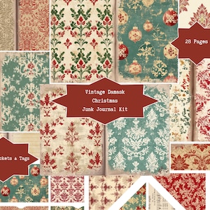 May include: A collage of vintage-style Christmas-themed paper sheets with damask patterns in red, green, and cream. Some sheets feature Christmas ornaments. Text on the image reads "Vintage Damask Christmas Junk Journal Kit", "28 Pages", and "Pages, Pockets & Tags".