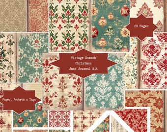 Vintage Damask Christmas Junk Journal Digital Kit | Printable Aged Pattern Pages, Pockets, Tags | Winter Scrapbook Craft Supply Ephemera PDF