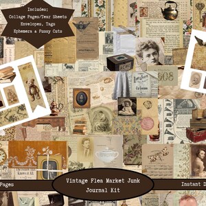 May include: A collage of vintage ephemera, including collage pages, tear sheets, envelopes, tags, and fussy cuts. The image features antique photos, clocks, keys, and a teddy bear, with the text "Vintage Flea Market Junk Journal Kit."
