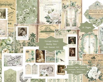 Vintage French Shabby Chic Junk Journal Kit | Digital Pages, Pockets, Ephemera, Embellishments | Sage Green Printable Papers | Scrapbooking