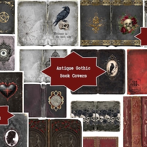 Puede incluir: Una colecci&oacute;n de portadas de libros g&oacute;ticos antiguos digitales con varios dise&ntilde;os oscuros que incluyen calaveras, cuervos, rosas, corazones, ojos y murci&eacute;lagos. Las im&aacute;genes incluyen detalles dorados, patrones de encaje y texturas rojas o negras.