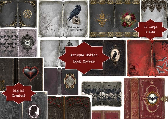 Antique Gothic Book Covers, Digital Kit, Junk Journal, Paper Craft Ephemera, Printable Halloween, Grimoire, Vintage Papers, Sleeves, Ornate