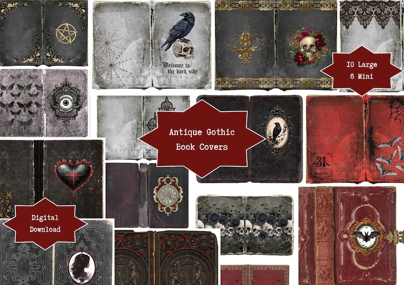 Puede incluir: Una colecci&oacute;n de portadas de libros g&oacute;ticos antiguos digitales con varios dise&ntilde;os oscuros que incluyen calaveras, cuervos, rosas, corazones, ojos y murci&eacute;lagos. Las im&aacute;genes incluyen detalles dorados, patrones de encaje y texturas rojas o negras.