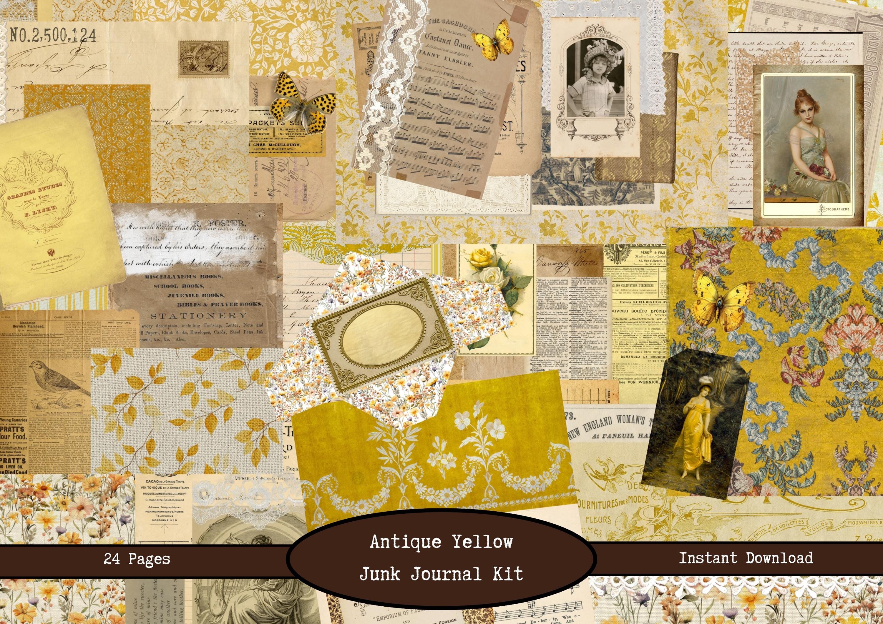 Antique Yellow Digital Junk Journal Kit | Printable Vintage Collage ...