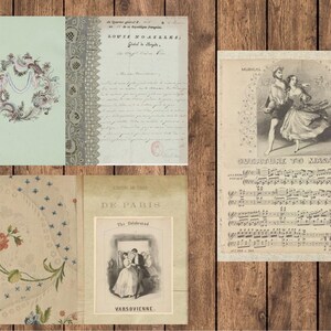 May include: A collage of vintage ephemera on a wooden background. Includes a floral design, a handwritten letter, sheet music with a couple dancing, and a book cover with a couple. The items are in shades of cream, green, and brown.