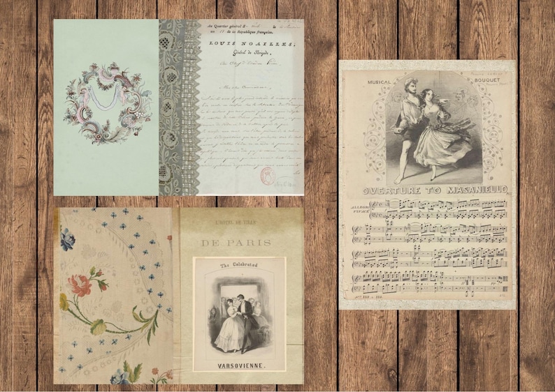 May include: A collage of vintage ephemera on a wooden background. Includes a floral design, a handwritten letter, sheet music with a couple dancing, and a book cover with a couple. The items are in shades of cream, green, and brown.