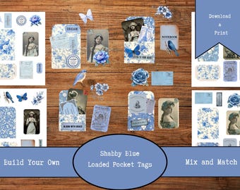 Shabby Blue Vintage Junk Journal Tag Kit | Digital Download | Loaded Pocket Tags | Printable Ephemera | Journal Tags | Fussy Cuts | Digi Kit