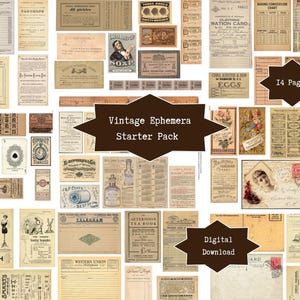 May include: A selection of vintage ephemera, such as receipts, cards, and adverts. The image displays various aged paper items with text and illustrations, including the text "Vintage Ephemera Starter Pack" and "Digital Download". The colour scheme is mainly sepia tones.