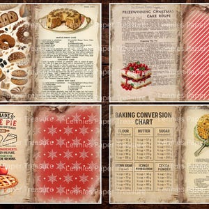 May include: A collage of vintage-style pages featuring recipes, baking charts, and illustrations of baked goods. The pages include a Christmas cake recipe, an apple pie recipe, and a baking conversion chart.