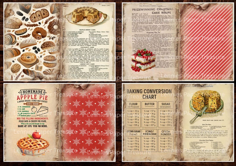 May include: A collage of vintage-style pages featuring recipes, baking charts, and illustrations of baked goods. The pages include a Christmas cake recipe, an apple pie recipe, and a baking conversion chart.