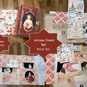 May include: An antique French red folio kit featuring a collection of paper ephemera, including envelopes, vintage-style portraits, postcards, and decorative cards with red floral patterns. The set includes text elements like Fabrique Paris, L'Anisée, and 1924, presented in a collage layout with various historical French-themed illustrations and printed documents.
