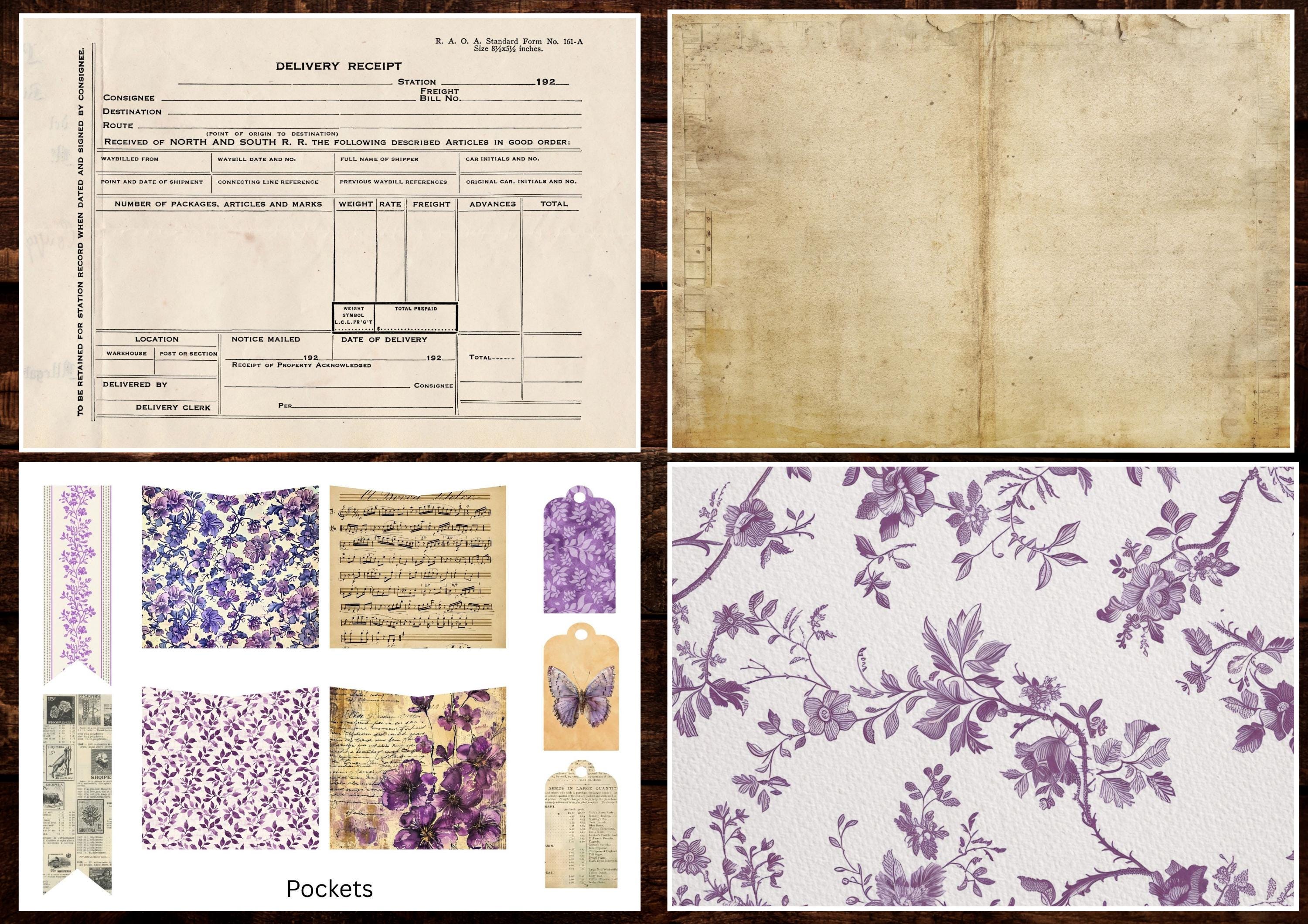 Vintage Purple Junk Journal Kit | Digital Papers, Pages, Pockets, Tags ...