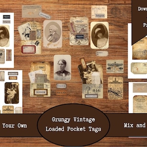 Grungy Vintage Loaded Pocket Tags | Digital Download | Junk Journal Tag Kit | Printable Ephemera | Scrapbook Tags | Fussy Cuts | Printables