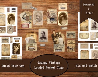 Grungy Vintage Loaded Pocket Tags | Digital Download | Junk Journal Tag Kit | Printable Ephemera | Scrapbook Tags | Fussy Cuts | Printables