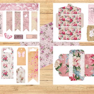 May include: A collage of vintage-style paper ephemera in shades of pink and cream. Includes tags, bookmarks, and decorative elements with floral and butterfly motifs, along with a floral patterned envelope and a vintage photograph.