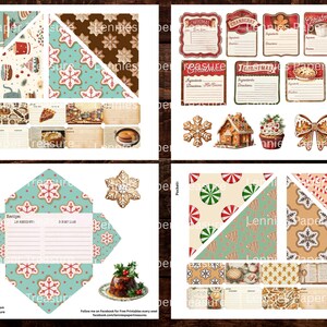 May include: A collection of digital scrapbook paper and ephemera with a Christmas theme. Includes patterned papers, recipe cards, labels, and decorative elements like gingerbread cookies, a gingerbread house, and a Christmas pudding.