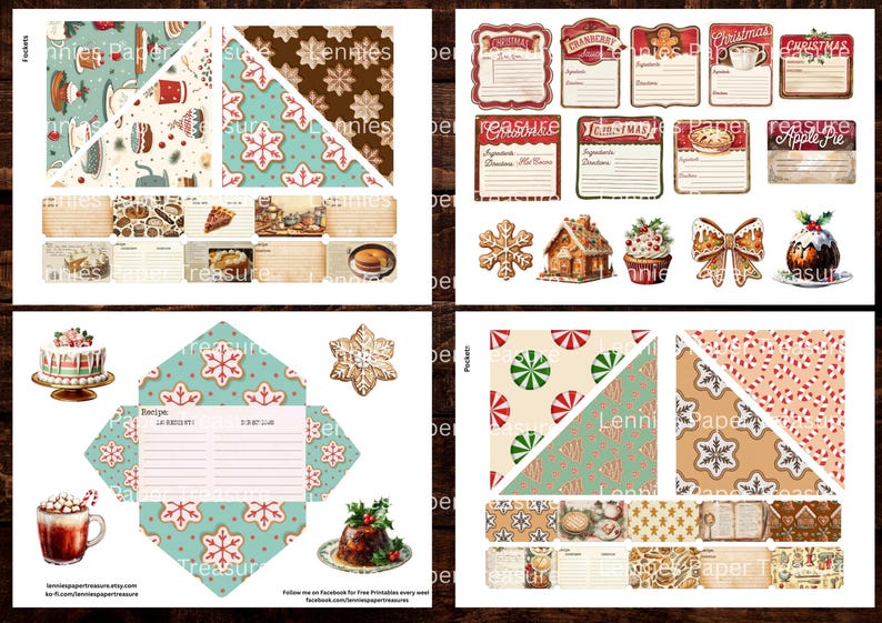 May include: A collection of digital scrapbook paper and ephemera with a Christmas theme. Includes patterned papers, recipe cards, labels, and decorative elements like gingerbread cookies, a gingerbread house, and a Christmas pudding.