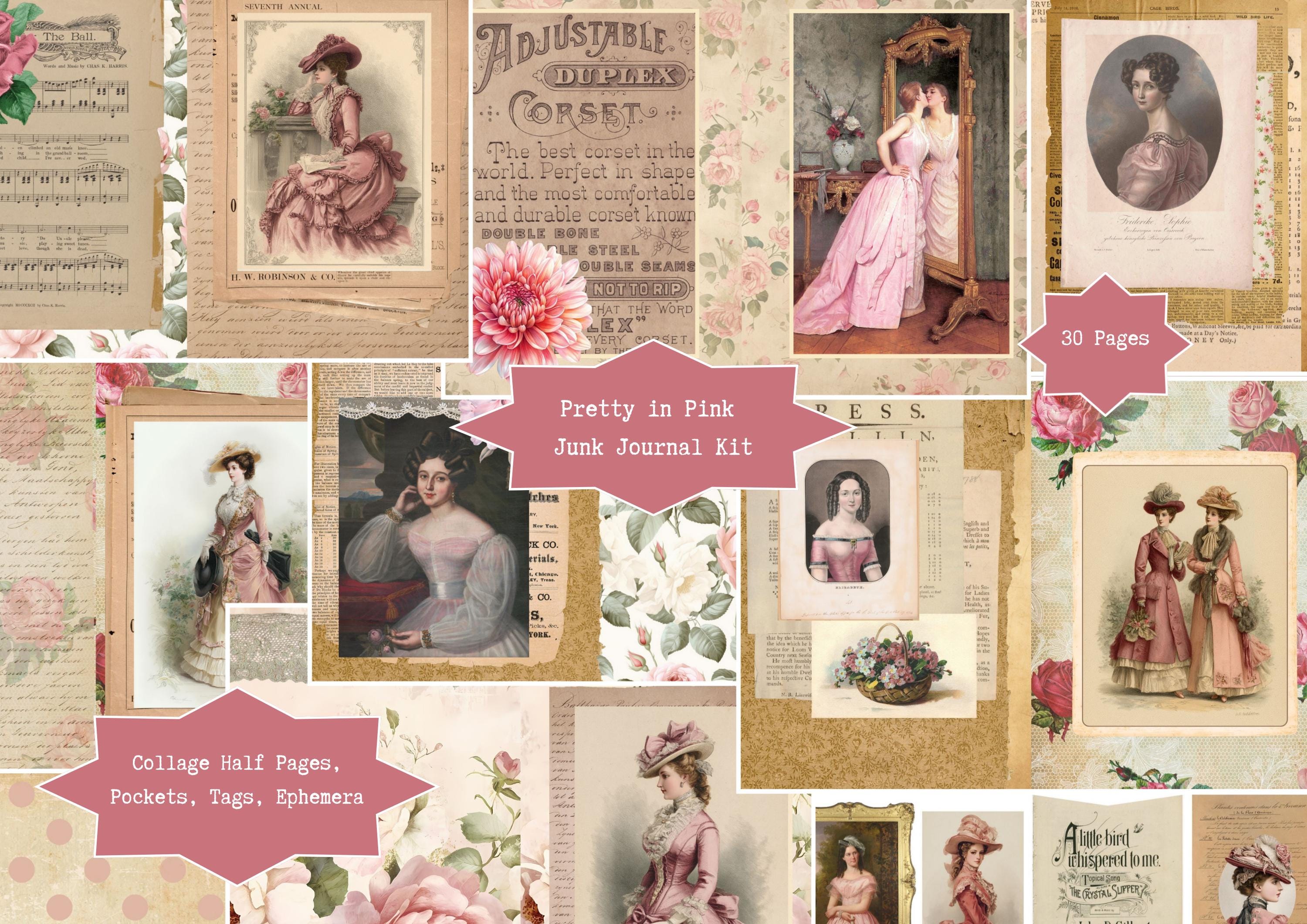 Pretty in Pink Vintage Junk Journal Kit | Digital Collage Half Pages ...
