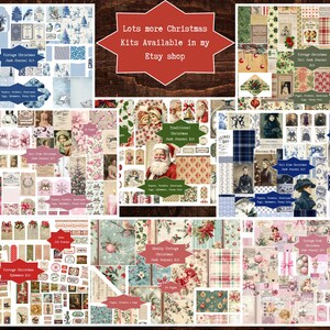 May include: A collage of various Christmas-themed paper kits, including journal kits and ephemera. The kits feature vintage designs with images of Santa Claus, angels, and festive decorations. The text in the image reads "Lots more Christmas Kits Available in my Etsy shop."