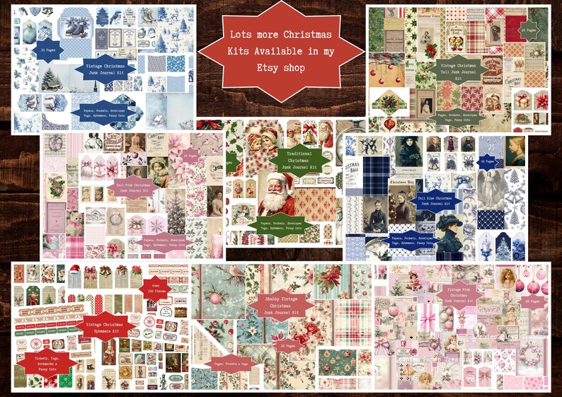 May include: A collage of various Christmas-themed paper kits, including journal kits and ephemera. The kits feature vintage designs with images of Santa Claus, angels, and festive decorations. The text in the image reads "Lots more Christmas Kits Available in my Etsy shop."