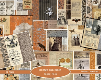 Puede incluir: Un paquete de papel digital con imágenes de Halloween de estilo vintage, incluyendo gatos negros, murciélagos, cuervos, brujas y patrones góticos. La colección muestra texturas de pergamino envejecido, recortes de periódico y texto.